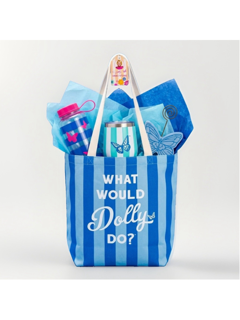 Dolly Parton Blue 4pc Gift Set Canvas Tote Tumbler Water Bottle Pic Holder NEW